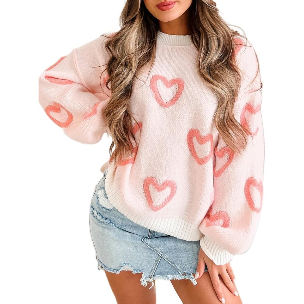 Women Heart Print Sweater Romantic Oversized Knitted Shirt Valentine Love Cute G